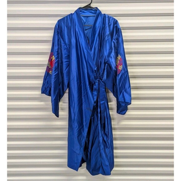 Blue Silky Kimono Robe With Red & Yellow Embroidered Rose Design - Picture 3 of 11